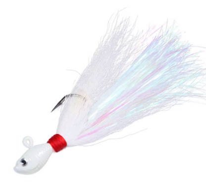 White TAQL Bucktail Jig with durable lead head and premium bucktail hair for saltwater fishing.