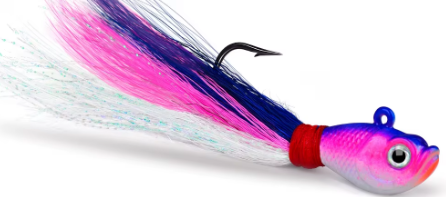 White, blue, and pink TAQL Bucktail Jig with premium bucktail hair for inshore and offshore saltwater fishing.