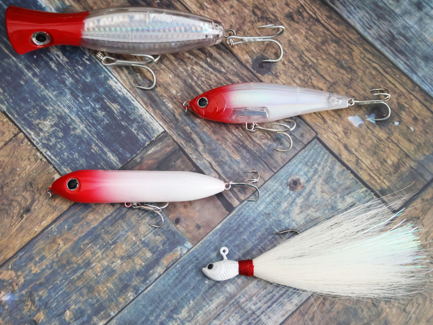 TAQL Summer Time Grand Slam Fishing Bundle featuring four saltwater fishing lures in the classic red and white color pattern.