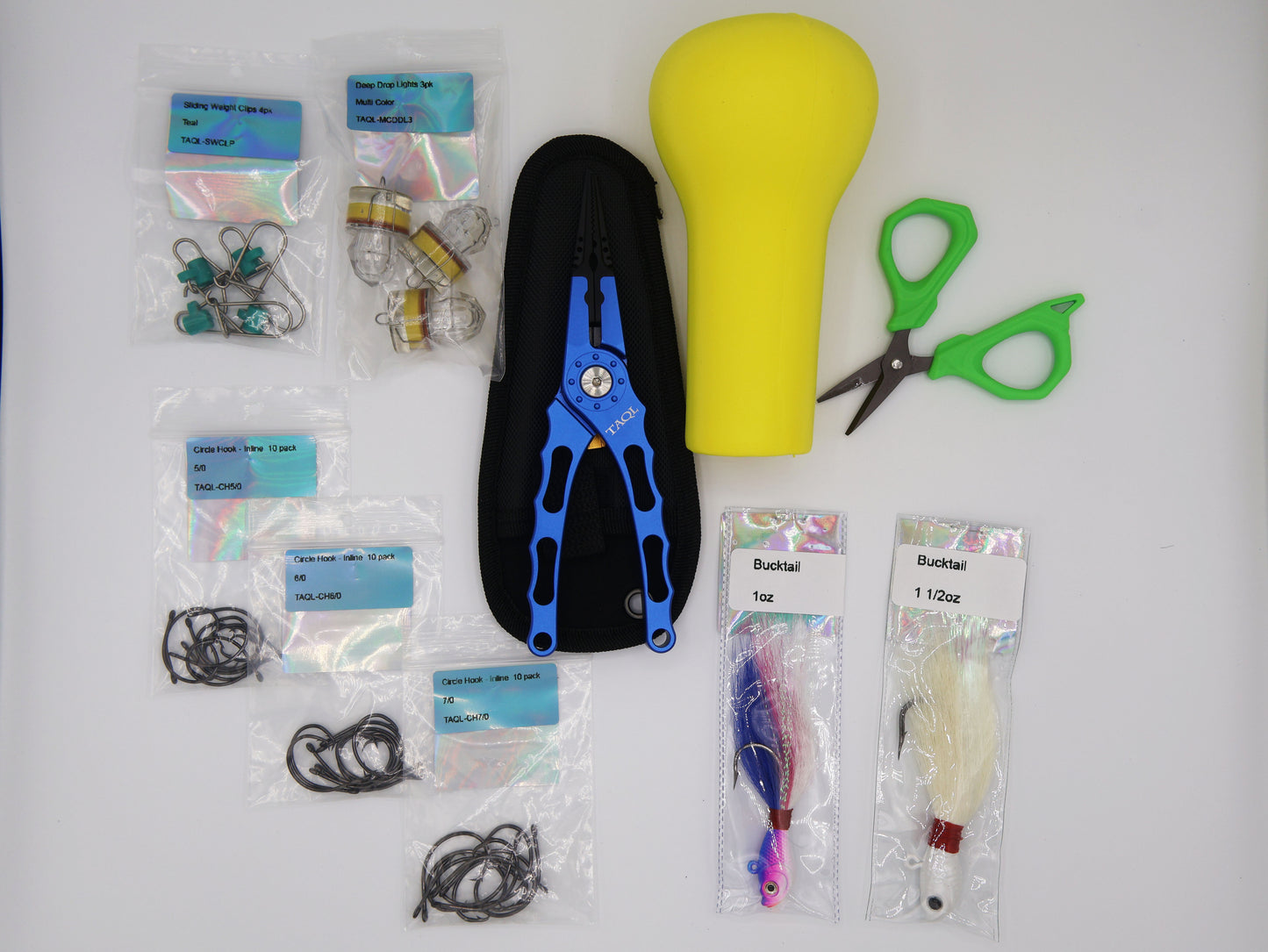 Complete TAQL Offshore Fishing Bundle including terminal tackle, vertical jigs, deep drop gear, and fishing tools.