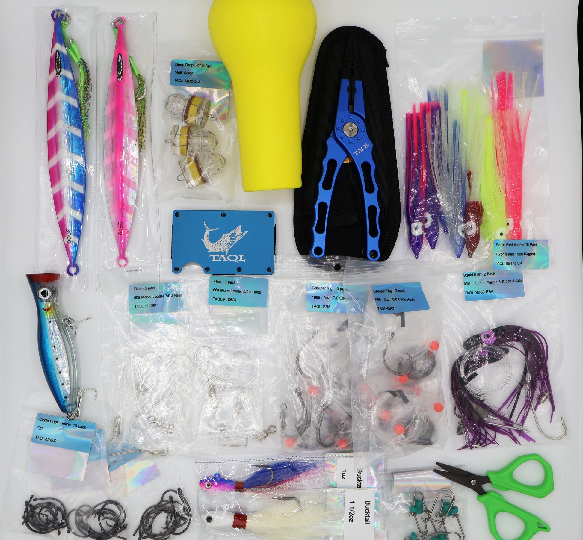 TAQL Box Offshore Fishing Bundle complete saltwater tackle kit with jigs, hooks, rigs, pliers, deep drop lights, and offshore fishing accessories.