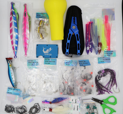 TAQL Box Offshore Fishing Bundle complete saltwater tackle kit with jigs, hooks, rigs, pliers, deep drop lights, and offshore fishing accessories.